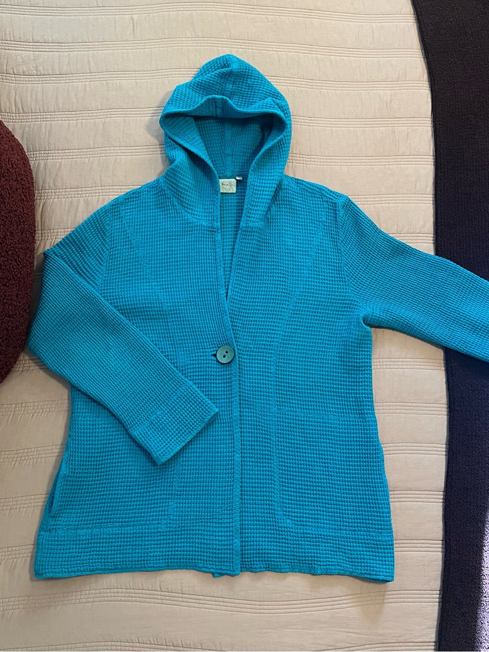 Focus Hooded Waffle-Knit Cotton Cardigan Turquoise One Button Coastal Minimalist